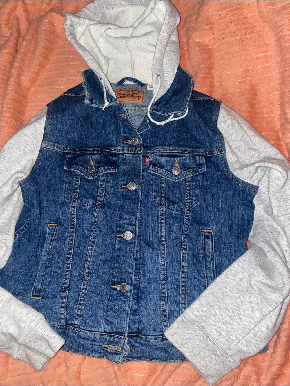 Girls XL Levi's Blue Denim Vest with Light Gray Hoodie Sleeves, like New.